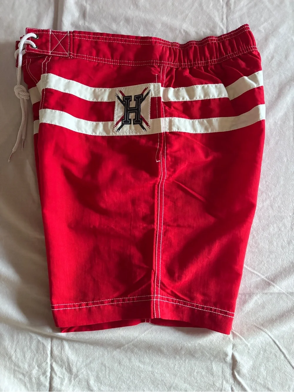 Tommy Hilfiger Mens Swim Shorts Red White Stripes Crest Varsity 2013 Size M